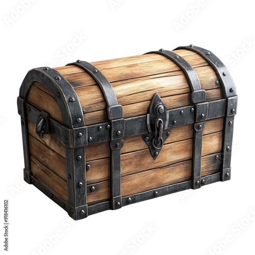 Vintage wooden treasure chest with metal accents, perfect for storing valuables or for decor. Ideal for pirate-themed events or rustic settings.