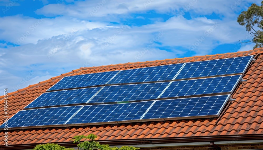 Solar panels installed on a terracotta rooftop under a blue sky in the afternoon Solar panels installed on a terracotta rooftop under a blue sky in the afternoon