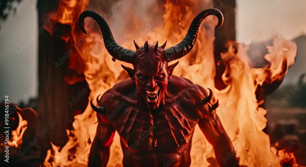 devil with red skin and horns surrounded by flames devil with red skin and horns surrounded by flames
