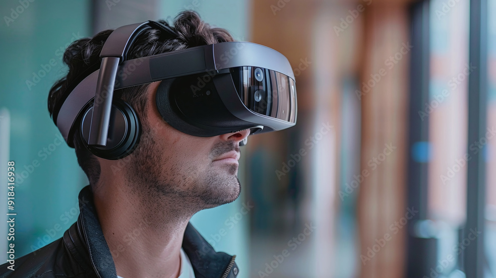 Man Experiencing Virtual Reality with High-Tech Headset
Man Experiencing Virtual Reality with High-Tech Headset