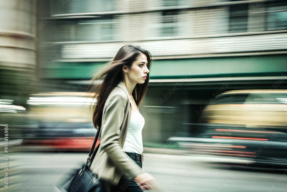 Fototapeta premium a girl walking down the street in the city, in motion