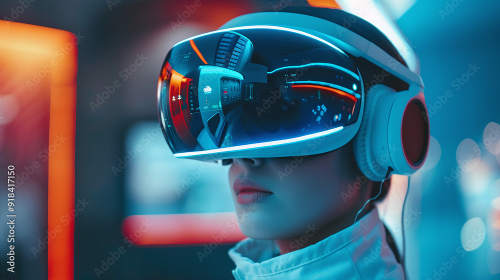 Woman Immersed in Virtual Reality with Futuristic VR Headset
Woman Immersed in Virtual Reality with Futuristic VR Headset