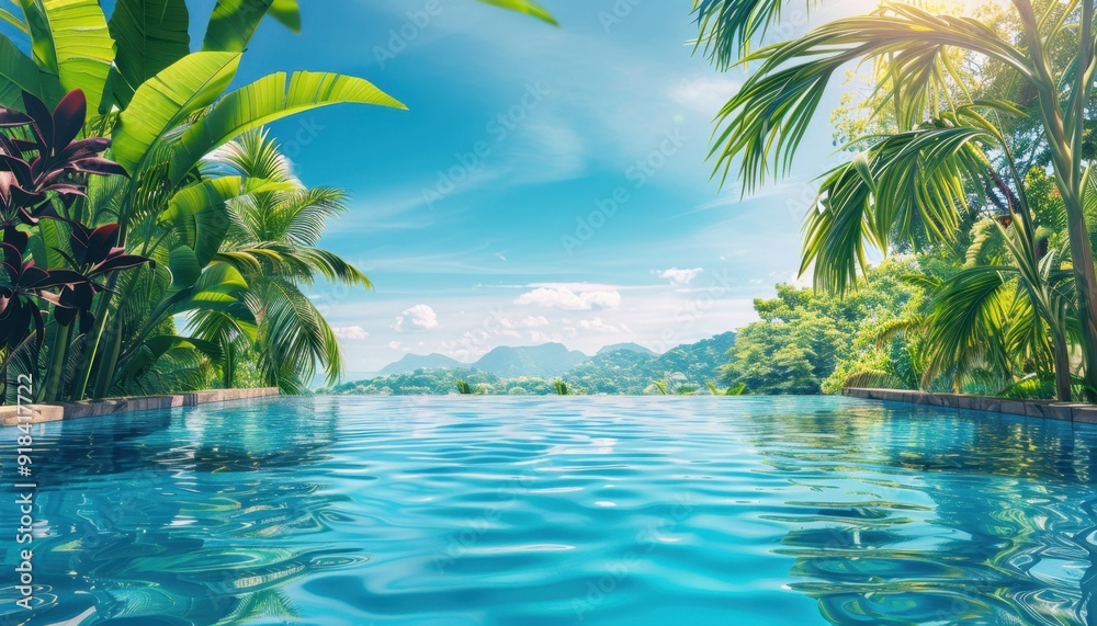 Serene infinity pool overlooking lush mountains under a clear blue sky
