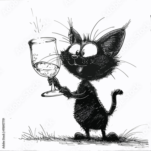 Cartoon cat holding a wine glass.
