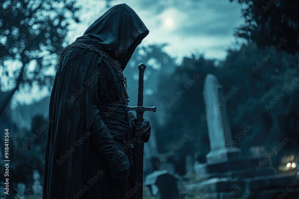 Hooded Figure with Sword Standing in a Graveyard Hooded Figure with Sword Standing in a Graveyard