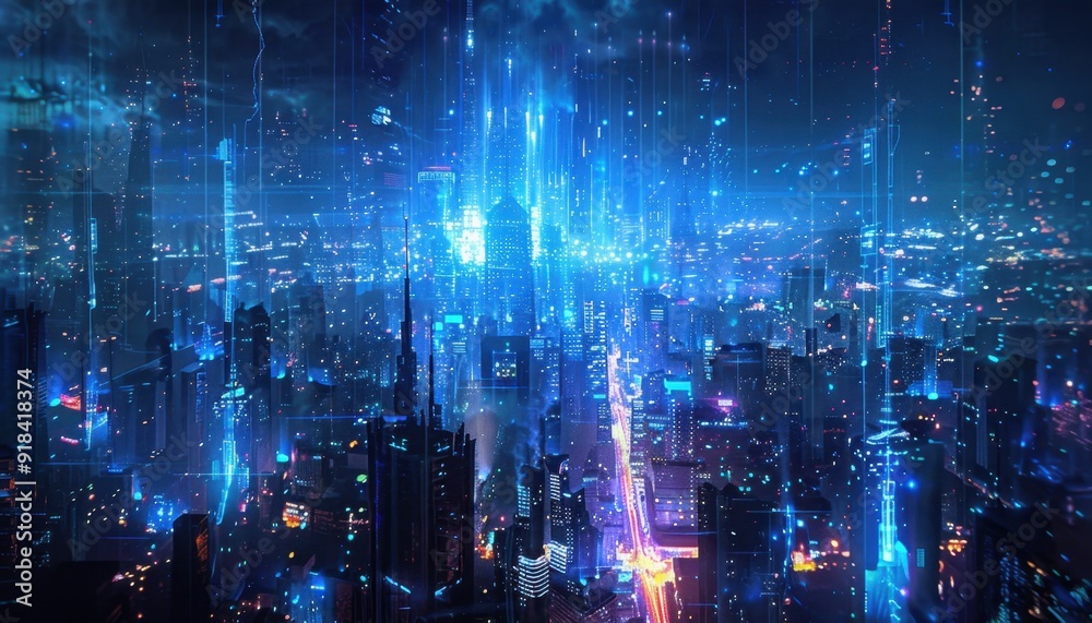 A futuristic city skyline illuminated by blue lights at night, showcasing modern architecture and vibrant urban life A futuristic city skyline illuminated by blue lights at night, showcasing modern architecture and vibrant urban life
