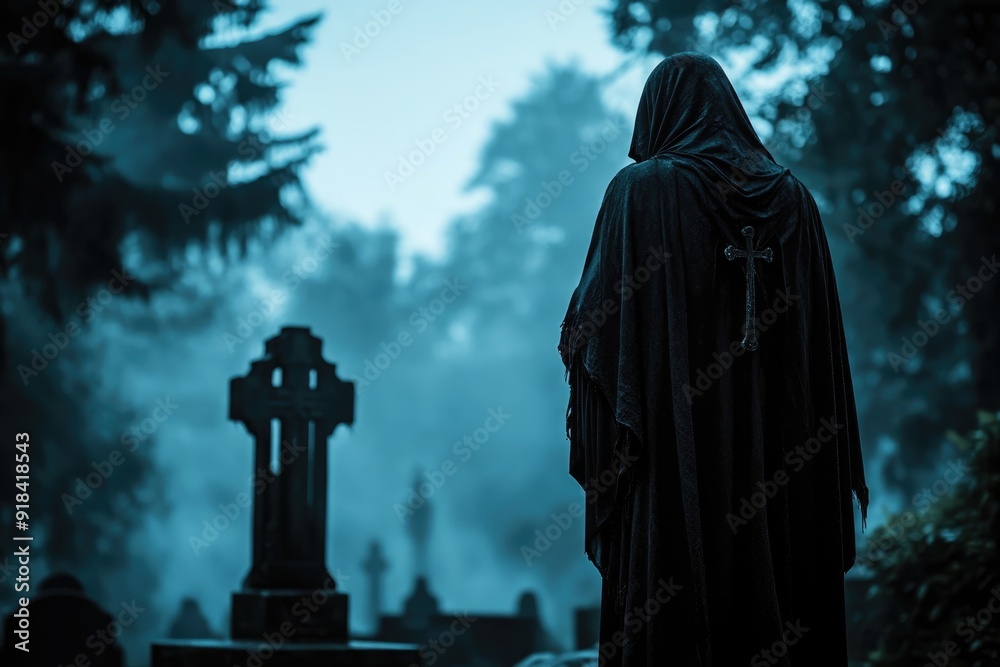 Hooded Figure Standing in a Foggy Graveyard Hooded Figure Standing in a Foggy Graveyard