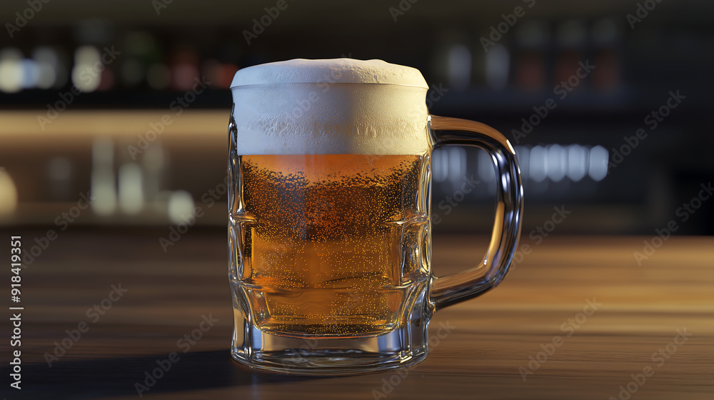 photorealistic rendering of an oversized glass mug filled with beer, with white foam on top and bubbles visible at the rim photorealistic rendering of an oversized glass mug filled with beer, with white foam on top and bubbles visible at the rim