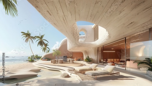 Modern beachfront architecture featuring organic curves surrounded by palm trees under a clear sky photo