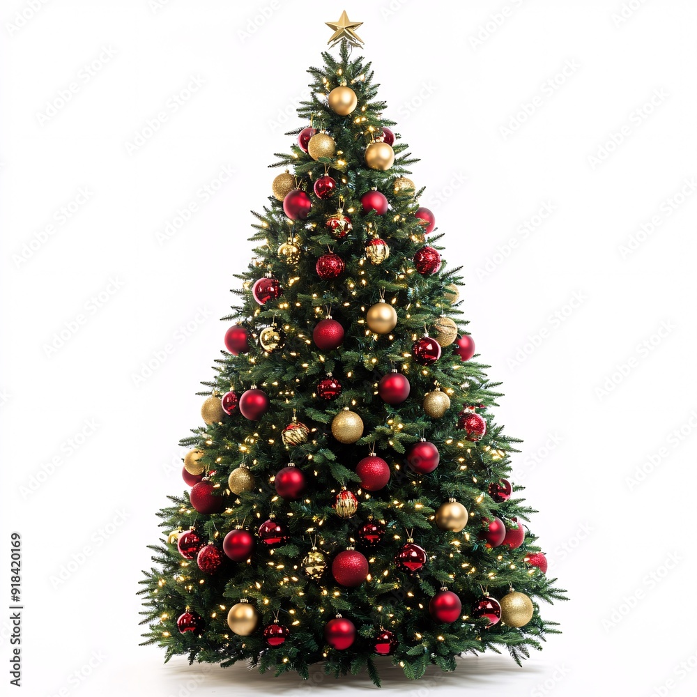 Vibrant Green Christmas Tree Adorned with Red and Gold Baubles: A Classic Holiday Beauty Vibrant Green Christmas Tree Adorned with Red and Gold Baubles: A Classic Holiday Beauty