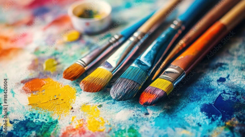 Close-up of paintbrushes on a colorful palette Close-up of paintbrushes on a colorful palette