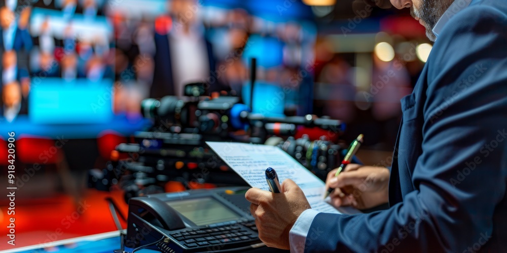 Man Signing Document Behind the Scenes of a TV Show Man Signing Document Behind the Scenes of a TV Show