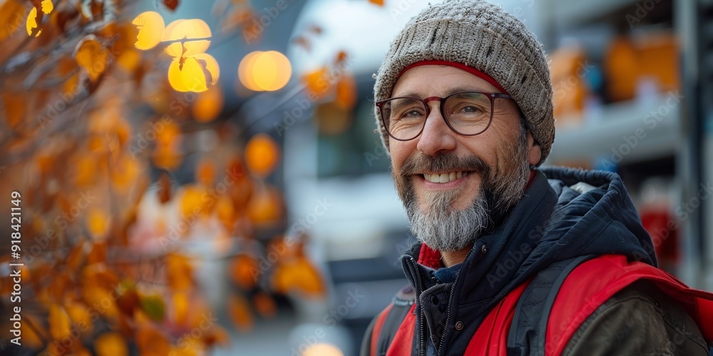 Smiling Man in a Knit Hat and Glasses Smiling Man in a Knit Hat and Glasses