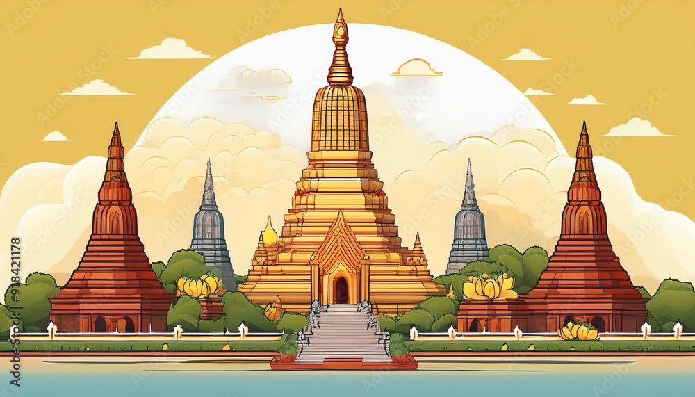 Naklejka premium Buddhist Temples- Cartoon or detailed representations of famous Buddhist temples, like Wat Arun, Shwedagon Pagoda, or Mahabodhi Temple, with Buddha statues