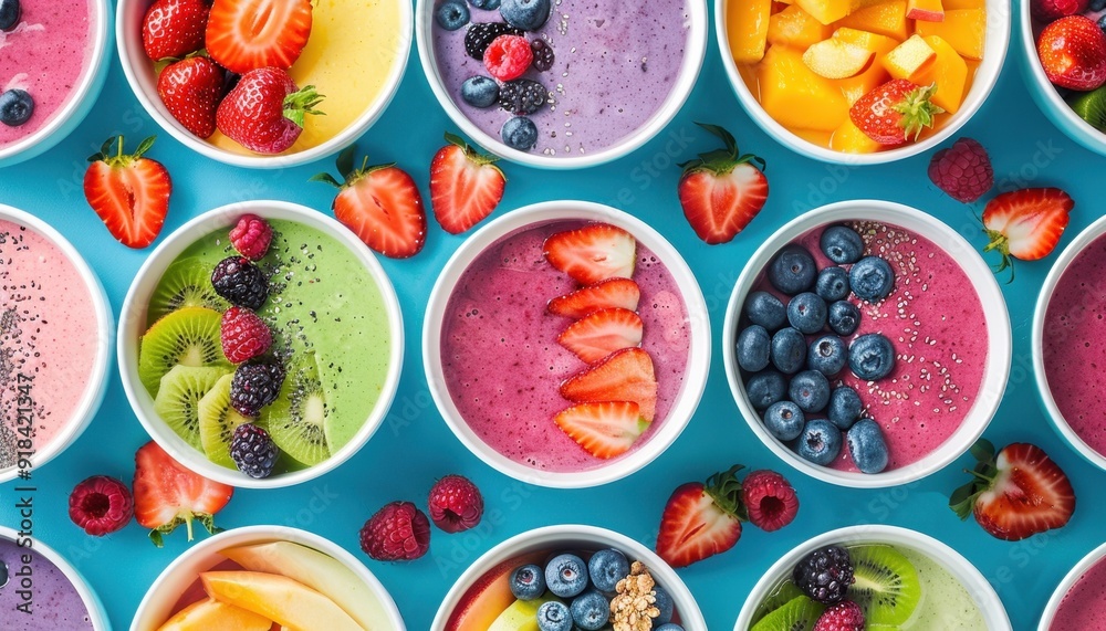 Colorful smoothie bowls arranged on a blue surface with fresh fruit toppings Colorful smoothie bowls arranged on a blue surface with fresh fruit toppings