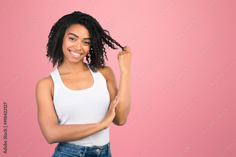 I Like You. Beautiful afro woman twirling hair, playing with her curls on a date, smiling at camera at studio, copyspace I Like You. Beautiful afro woman twirling hair, playing with her curls on a date, smiling at camera at studio, copyspace