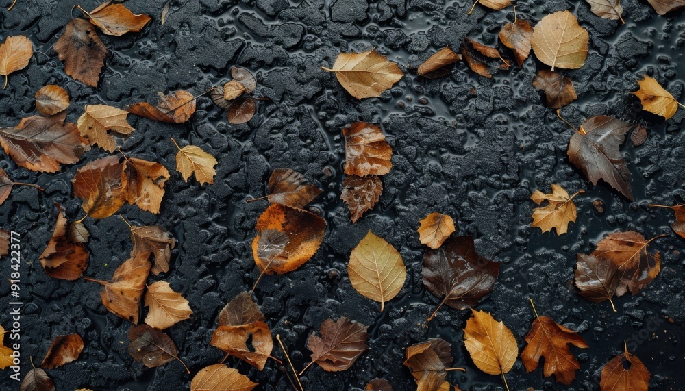 Autumn leaves scattered on a wet pavement in a quiet setting during a rainy day