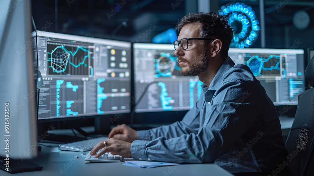 Data Analyst Working on Digital Tablet with Futuristic Interface Data Analyst Working on Digital Tablet with Futuristic Interface