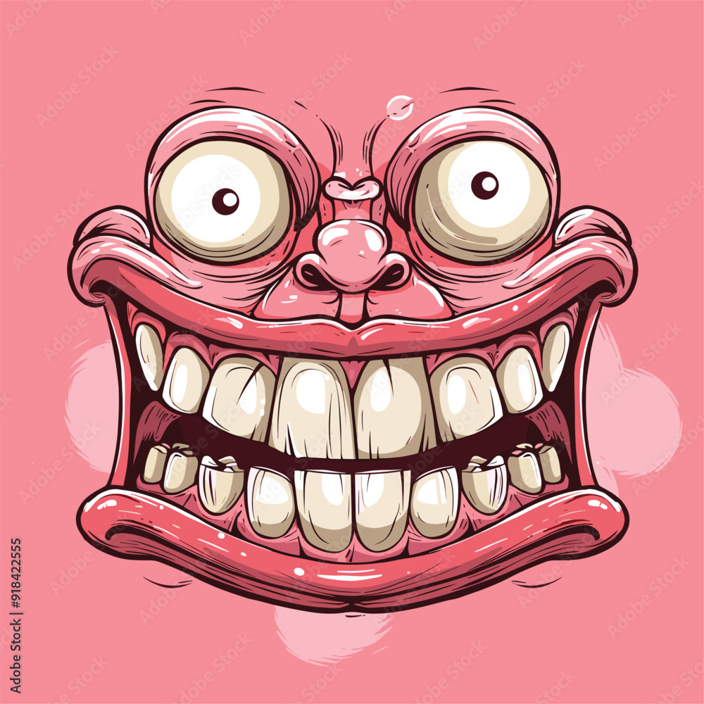 Cartoonish face with big eyes and a wide grin showing large teeth, humorous expression.
Cartoonish face with big eyes and a wide grin showing large teeth, humorous expression.