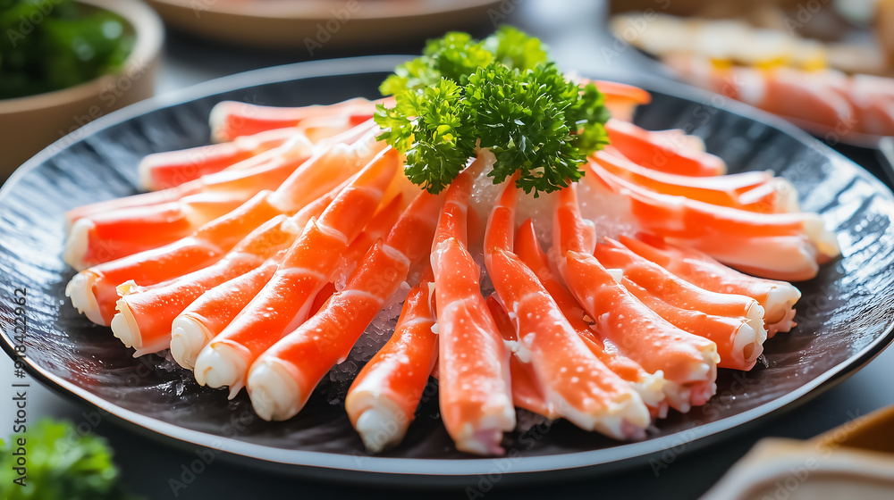 plate of raw king crab legs, beautifully arranged on the table for serving at a Japanese hot pot plate of raw king crab legs, beautifully arranged on the table for serving at a Japanese hot pot