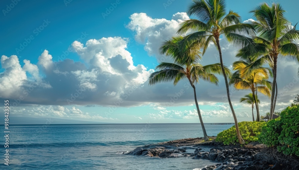 Tropical shoreline with palm trees and vibrant clouds under a bright sky at midday Tropical shoreline with palm trees and vibrant clouds under a bright sky at midday