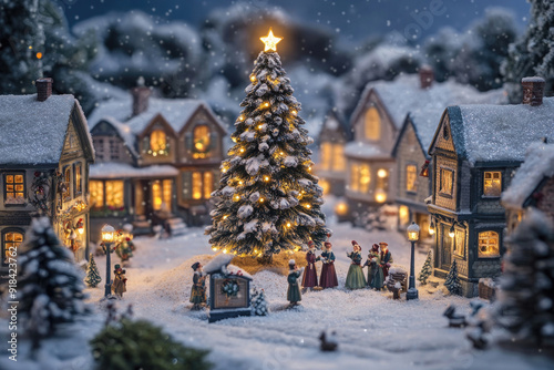 A snowy village with Christmas lights and carolers singing joyfully.