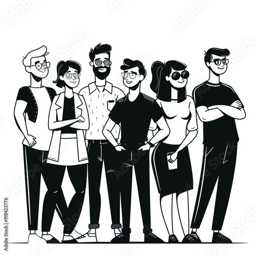 Group business founders in casual pose, clean black and white cartoon illustration.
