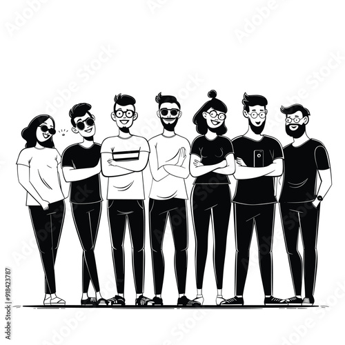 Group business founders in casual pose, clean black and white cartoon illustration.
