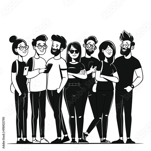 Group business founders in casual pose, clean black and white cartoon illustration.
