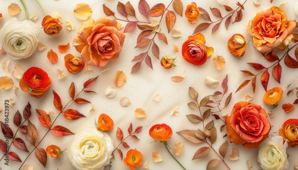 Colorful arrangement of roses and ranunculus on a neutral background Colorful arrangement of roses and ranunculus on a neutral background