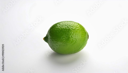 Lime in Focus: A vibrant green lime, the epitome of freshness, stands out against a crisp white backdrop. Its textured skin and subtle glow suggest juicy tartness, perfect for adding a zesty touch to  photo