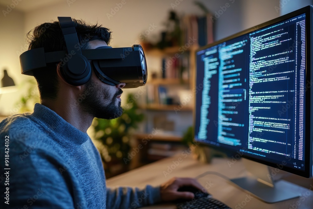 Man Wearing VR Headset While Coding on Computer Man Wearing VR Headset While Coding on Computer