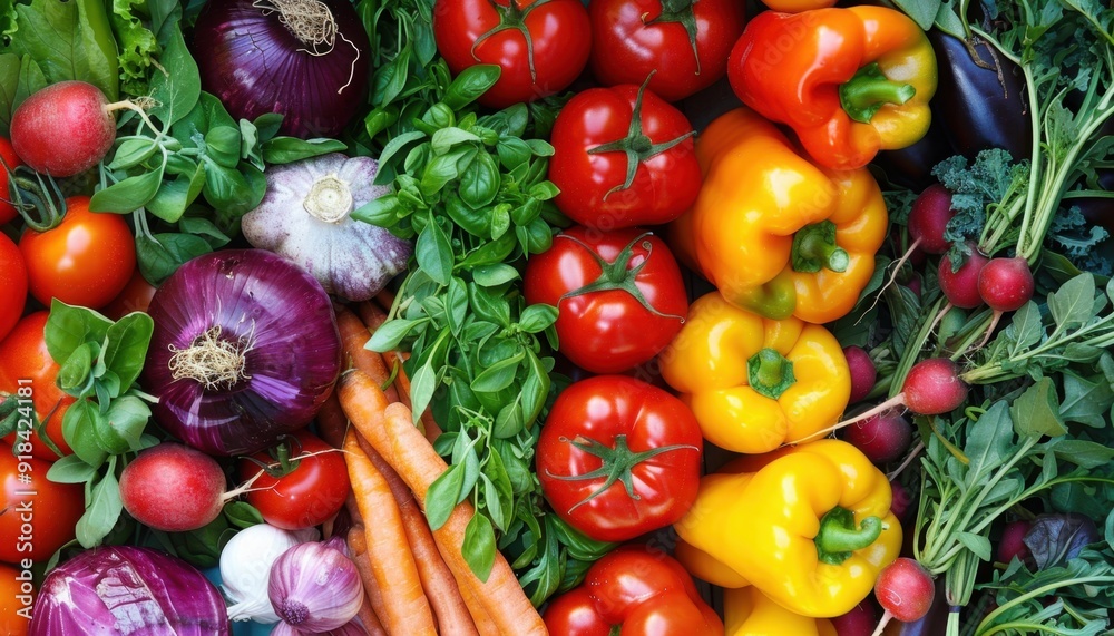 Fresh vegetables including bell peppers, tomatoes, and onions arranged colorfully on a market display Fresh vegetables including bell peppers, tomatoes, and onions arranged colorfully on a market display