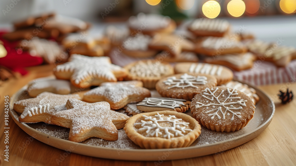 Festive Christmas cookies with icing on a wooden tray Festive Christmas cookies with icing on a wooden tray