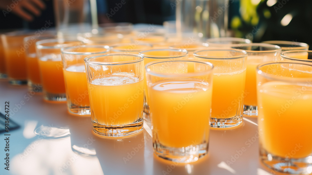 The table is decorated with numerous glasses of orange juice, among which there are also empty vessels. The table is decorated with numerous glasses of orange juice, among which there are also empty vessels.