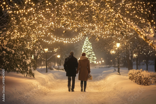 A couple walking in a snow-covered park under Christmas lights.