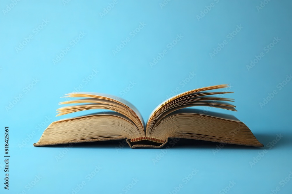 Open book with flipping pages against a bright blue background, knowledge, reading, literature, education, study. Open book with flipping pages against a bright blue background, knowledge, reading, literature, education, study.