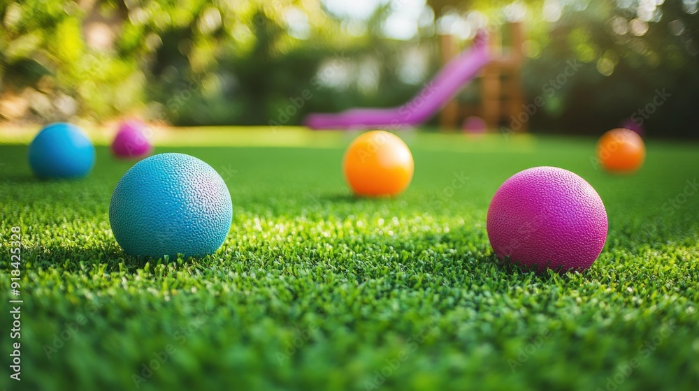 Colorful Balls on Green Grass Colorful Balls on Green Grass