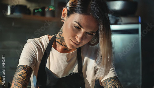 A young tattooed chef works in a modern kitchen.  photo