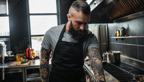 A young tattooed chef works in a modern kitchen. photo