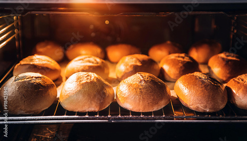 Bread rolls are placed in an oven to bake. Rustic, cozy farmhouse kitchen. photo