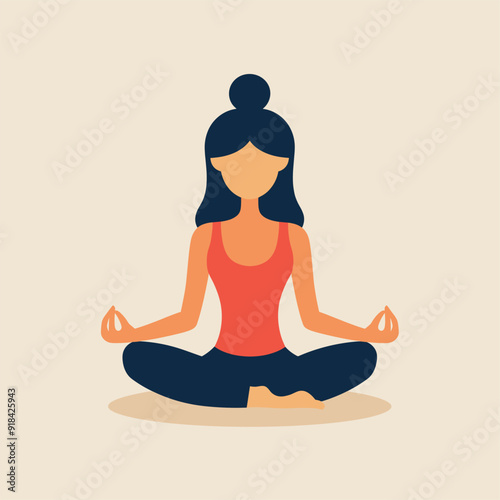 Flat vector illustration of a woman meditating in a calm, relaxed pose.
