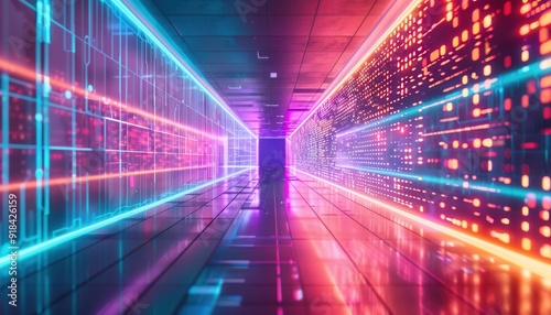 Vibrant neon corridor with glowing lines and digital patterns at night