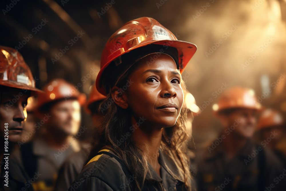 Confident female engineer leads a diverse team in a factory, all wearing hardhats and working together with pride and dedication. Labor day Confident female engineer leads a diverse team in a factory, all wearing hardhats and working together with pride and dedication. Labor day