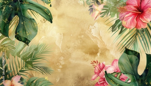 Tropical floral arrangement with hibiscus and palm leaves on a textured background