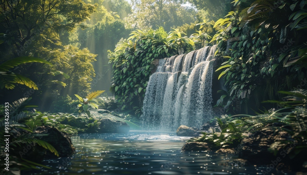 A tranquil waterfall flows into a serene pool surrounded by lush greenery in a sunlit forest A tranquil waterfall flows into a serene pool surrounded by lush greenery in a sunlit forest