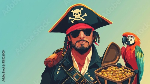 Pirate Day  history  entertainment Buccaneer with parrot on shoulder, treasure chest open, flat design illustration photo