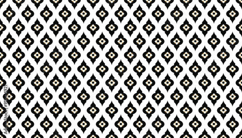 Seamless pattern with abstract white branches and flowers on black background. Decorative lattice in the Moroccan style. Vector monochrome ethnic design.
