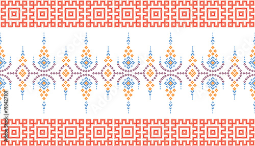 Cross Stitch. Geometric ethnic patterns. Design for Saree, Patola, Sari, Dupatta, Vyshyvanka, rushnyk, dupatta, Clothing, fabric, batik, Knitwear, Embroidery, Ikkat, Pixel pattern. Traditional Design.