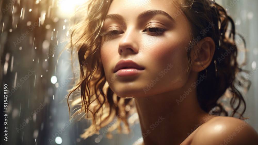 Beautiful woman with perfect skin relaxing under the shower. Beautiful woman with perfect skin relaxing under the shower.